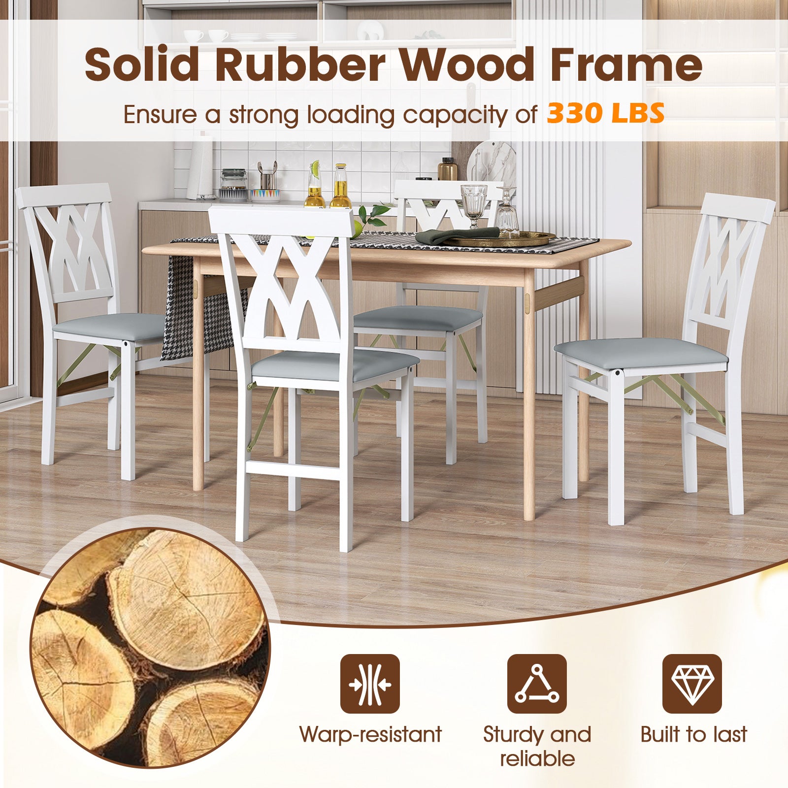 Folding Wooden Dining Chair Set of 2 Faux Leather Upholstered Kitchen Armless Chairs-White