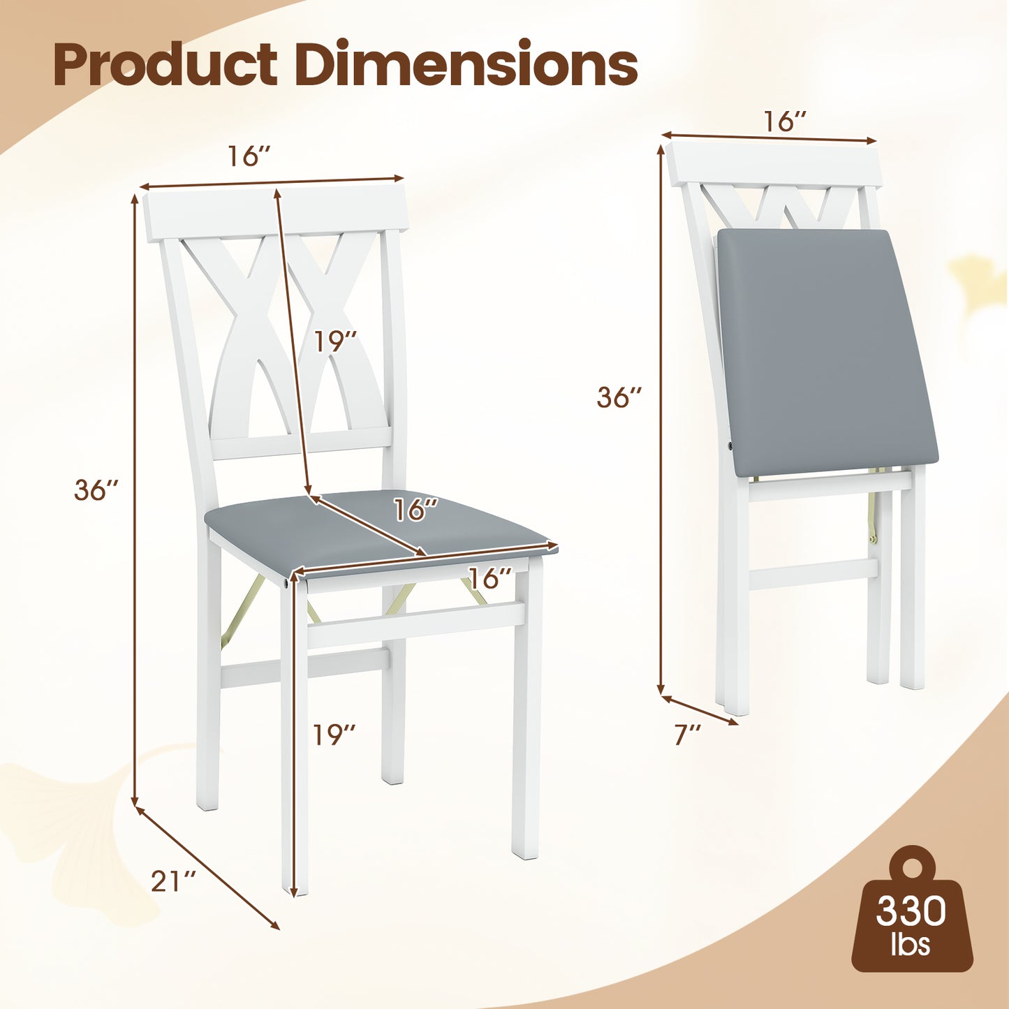 Folding Wooden Dining Chair Set of 2 Faux Leather Upholstered Kitchen Armless Chairs-White