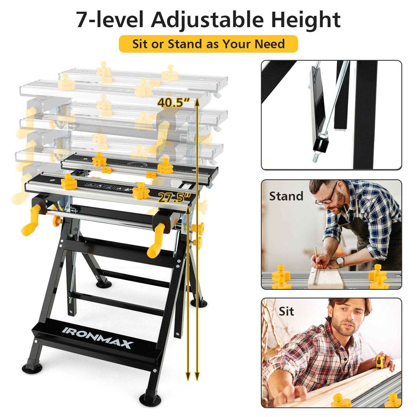 Folding Work Table with Tiltable Platform and 7-level Adjustable Height-Black