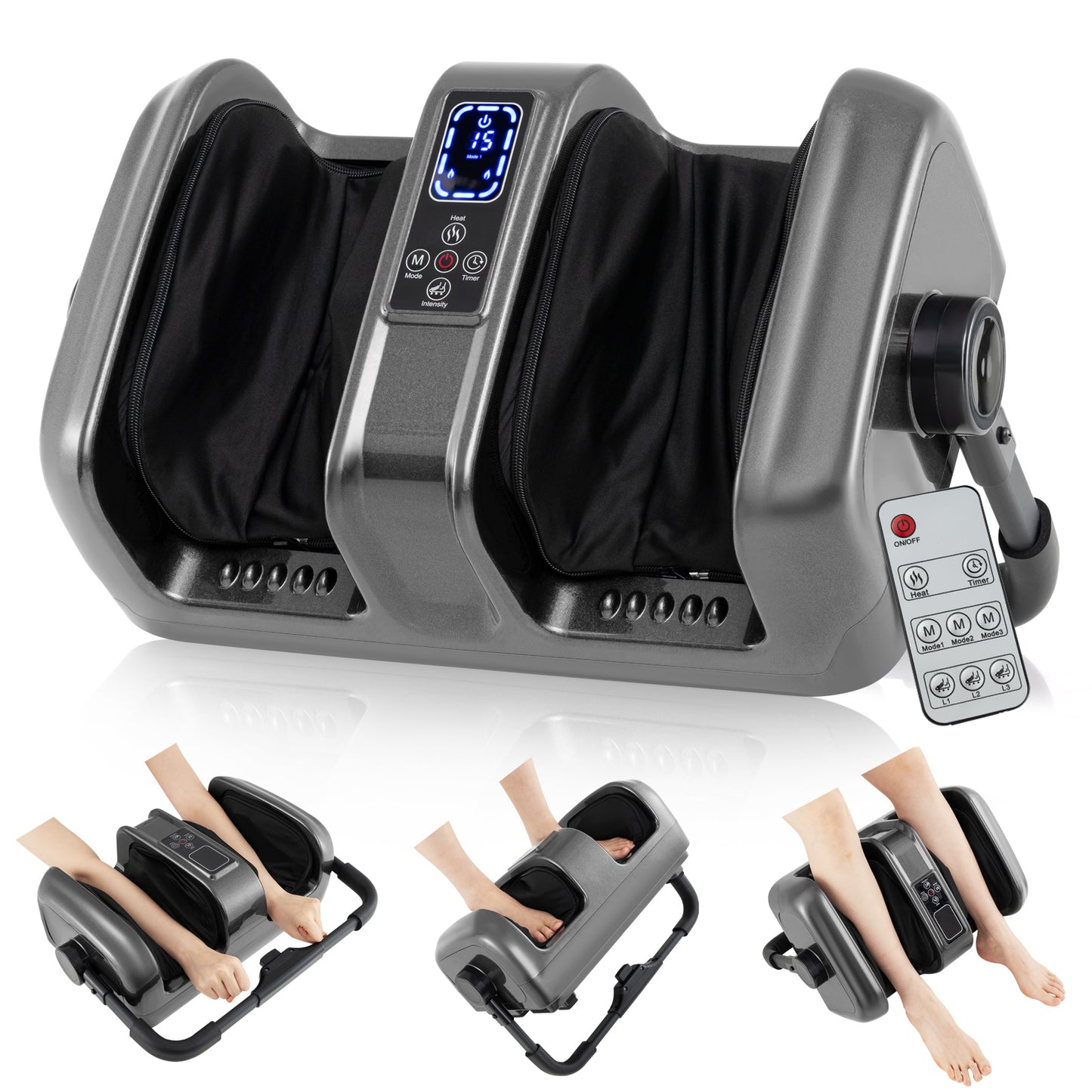 Foot and Calf Massager with Heat Shiatsu Deep Kneading Rolling Smart Electric Leg Massager-Black - Gray
