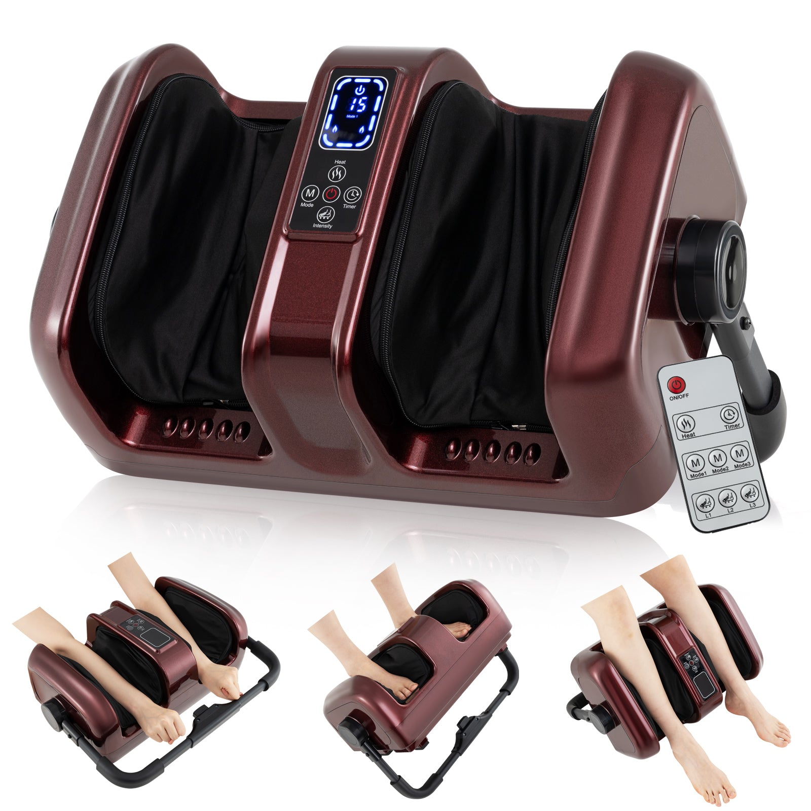 Foot and Calf Massager with Heat Shiatsu Deep Kneading Rolling Smart Electric Leg Massager-Black - Red