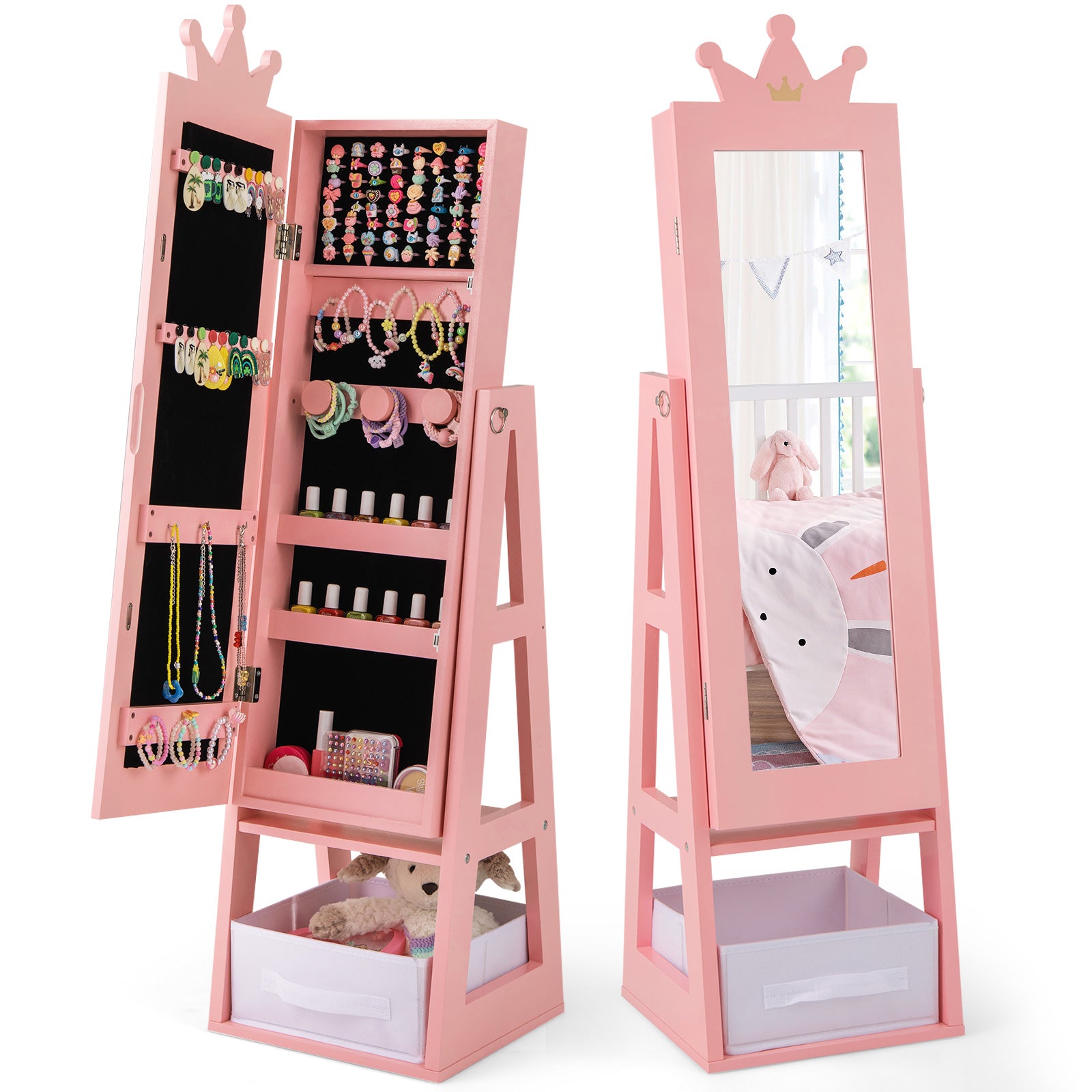 Free-Standing Full Length Kids Jewelry Armoire Cabinet with Storage Capacity-Pink - Pink