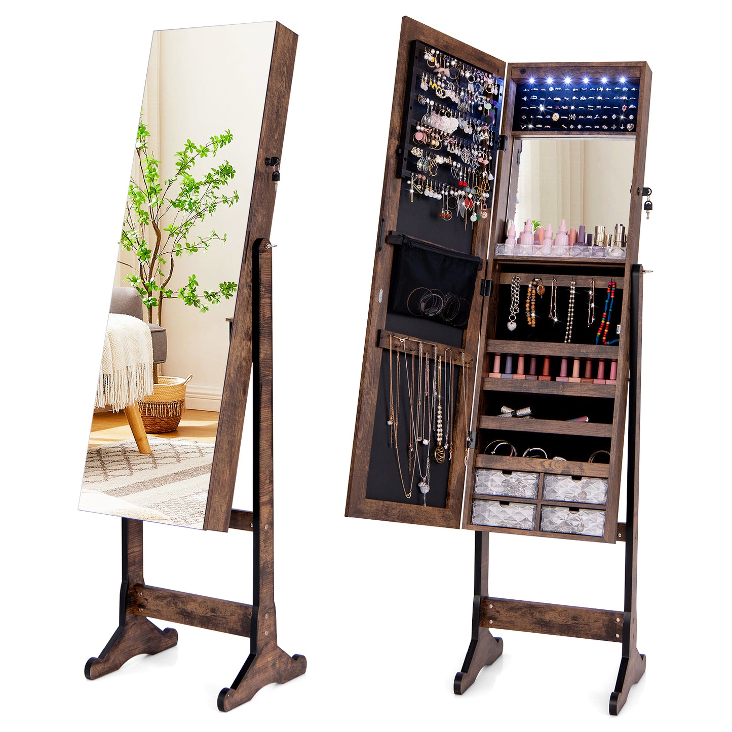 Free Standing Full Length Jewelry Armoire with Lights-Black - Rustic Brown