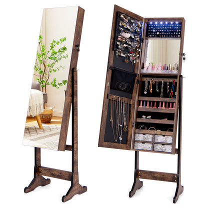 Free Standing Full Length Jewelry Armoire with Lights-Black - Rustic Brown