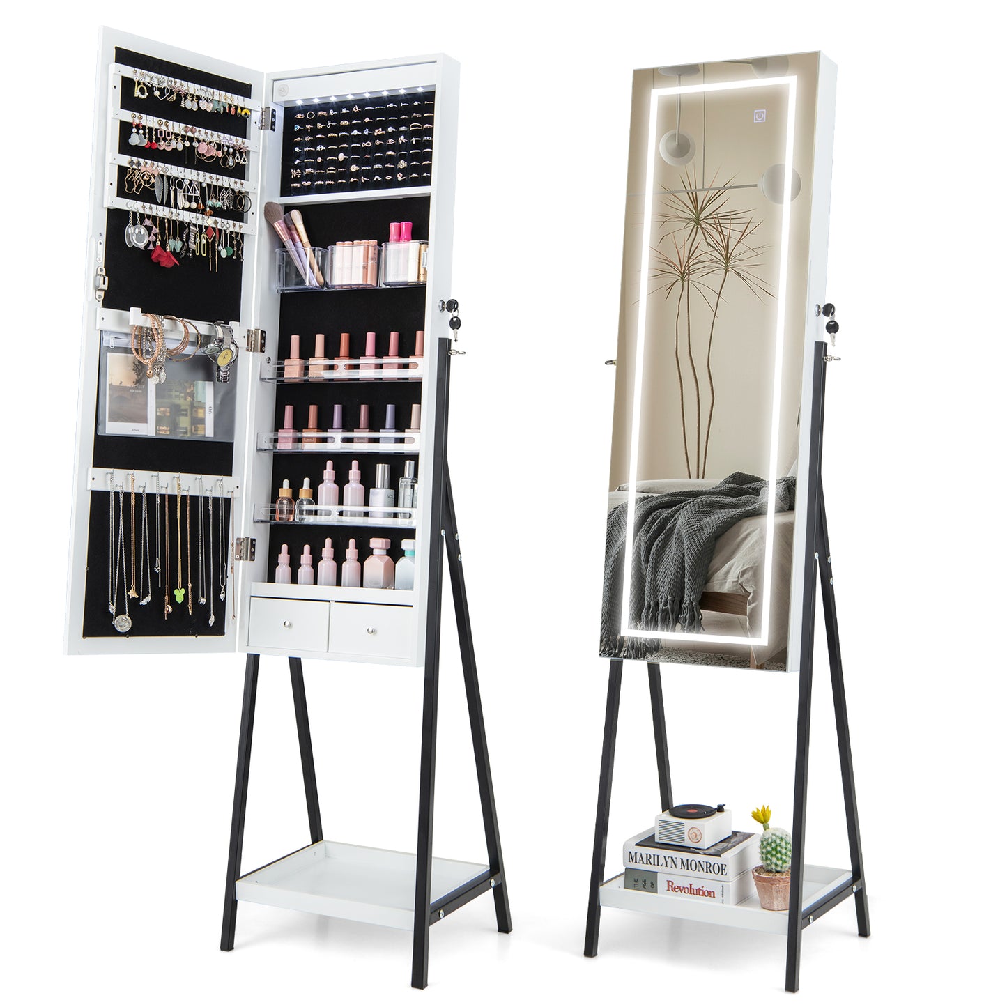 LED Standing Jewelry Mirror Cabinet with 3-Color Lighted Full-Length Mirror-White