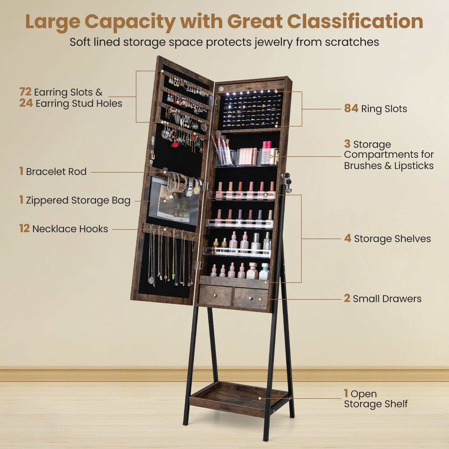 LED Standing Jewelry Mirror Cabinet with 3-Color Lighted Full-Length Mirror-Rustic Brown