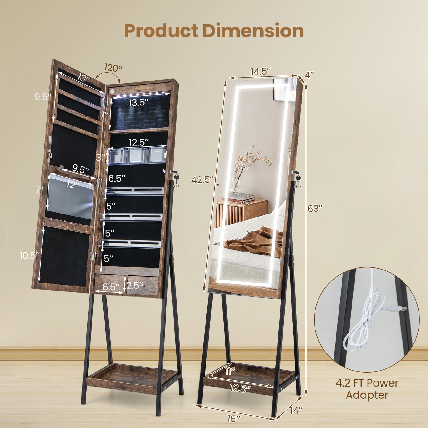 LED Standing Jewelry Mirror Cabinet with 3-Color Lighted Full-Length Mirror-Rustic Brown
