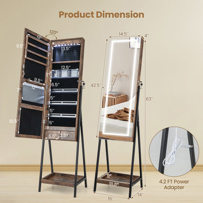 LED Standing Jewelry Mirror Cabinet with 3-Color Lighted Full-Length Mirror-Rustic Brown