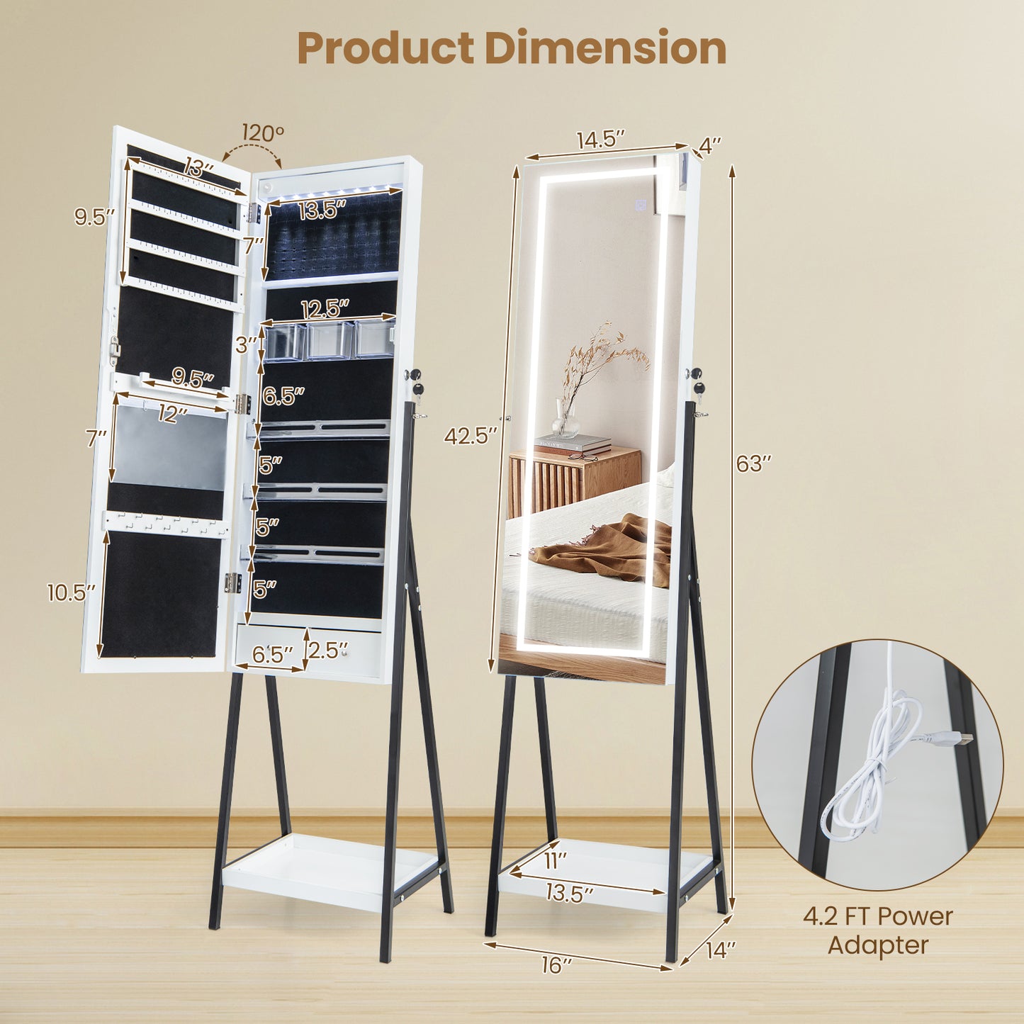 LED Standing Jewelry Mirror Cabinet with 3-Color Lighted Full-Length Mirror-White