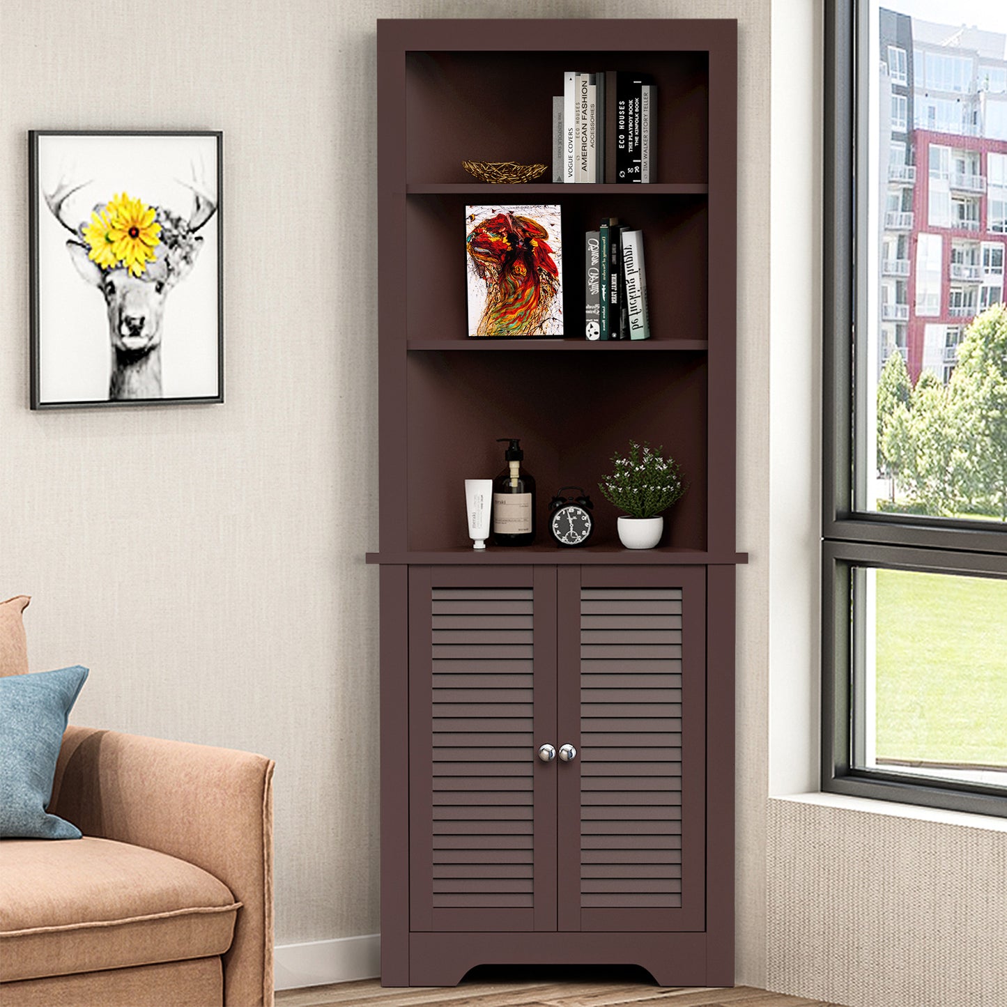 Free Standing Tall Bathroom Corner Storage Cabinet with 3 Shelves-Brown
