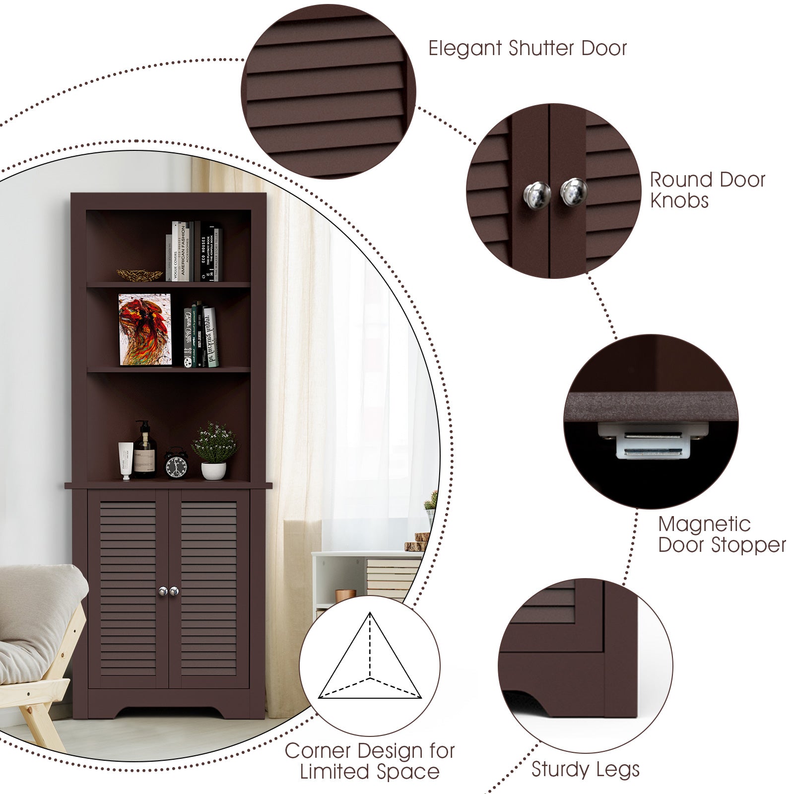 Free Standing Tall Bathroom Corner Storage Cabinet with 3 Shelves-Brown