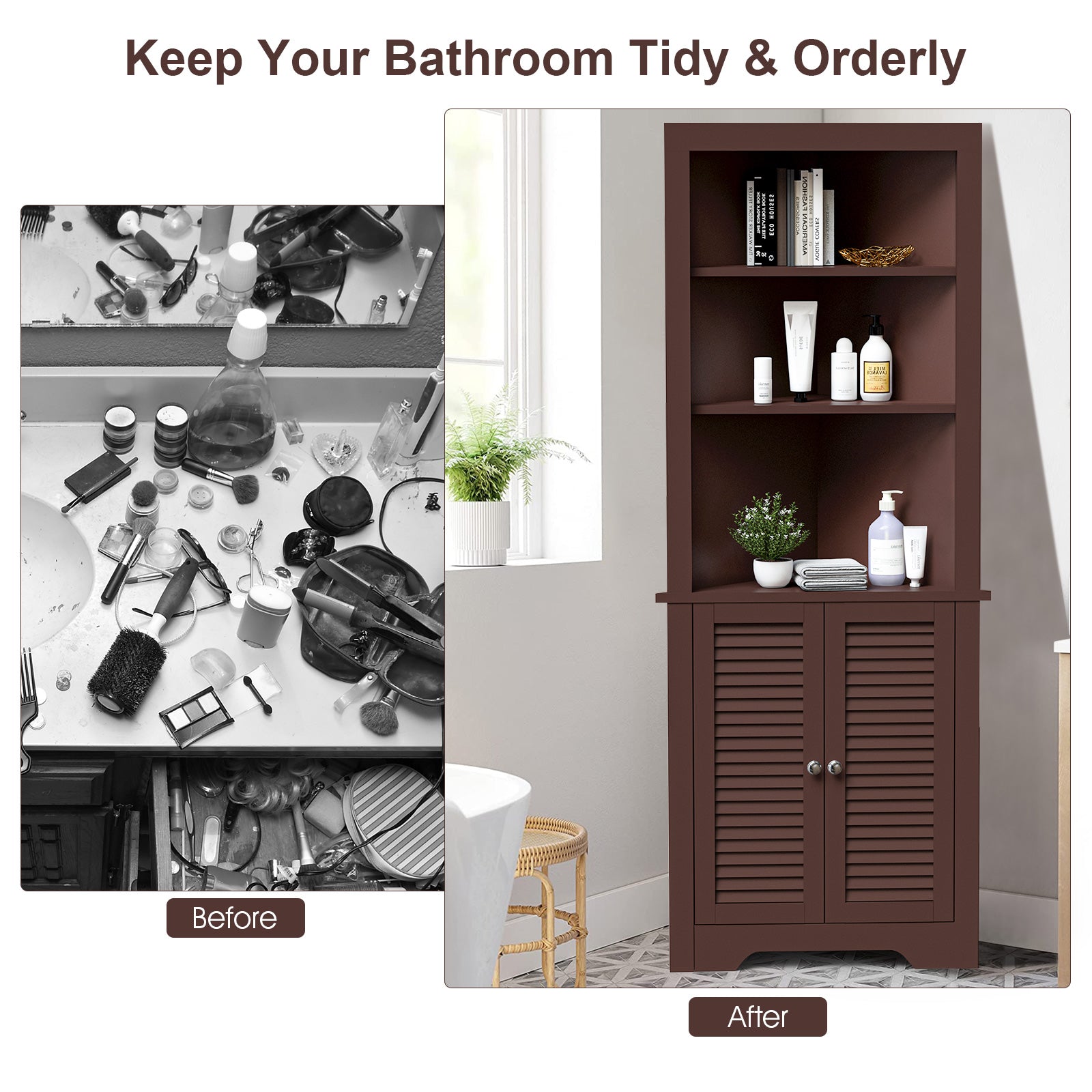 Free Standing Tall Bathroom Corner Storage Cabinet with 3 Shelves-Brown