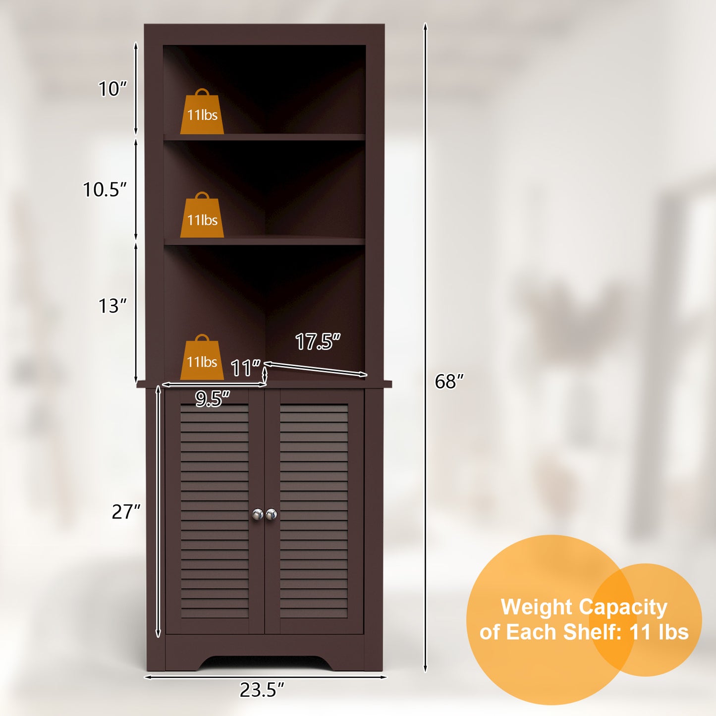 Free Standing Tall Bathroom Corner Storage Cabinet with 3 Shelves-Brown