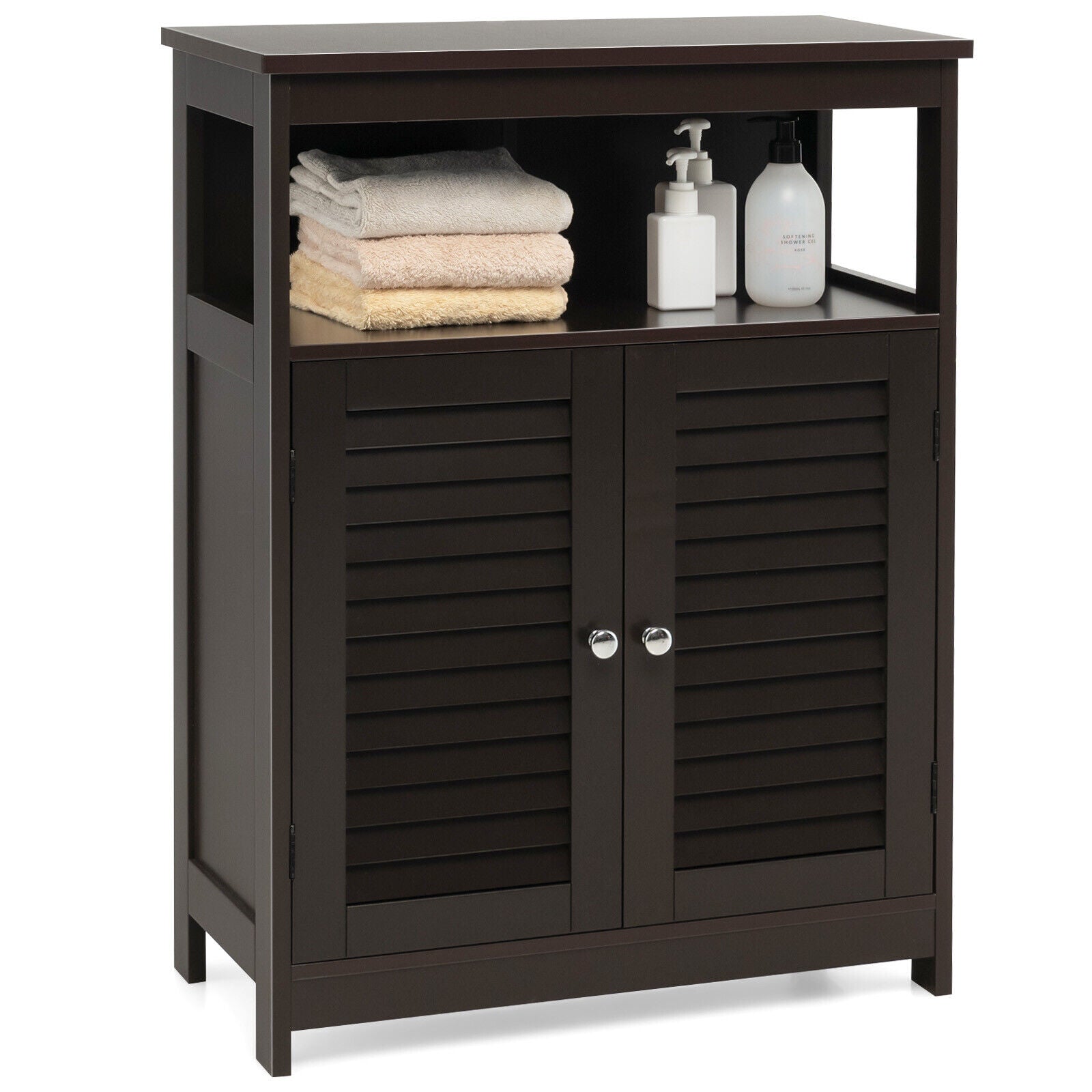 Wood Freestanding Bathroom Storage Cabinet with Double Shutter Door-Brown - Brown