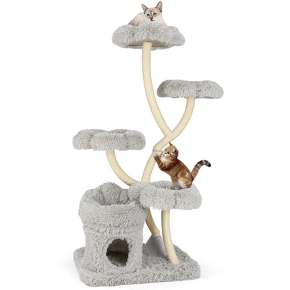 Freestanding Cat Tower with four Flower-shaped Platforms and Sisal Scratching Posts-White - Gray