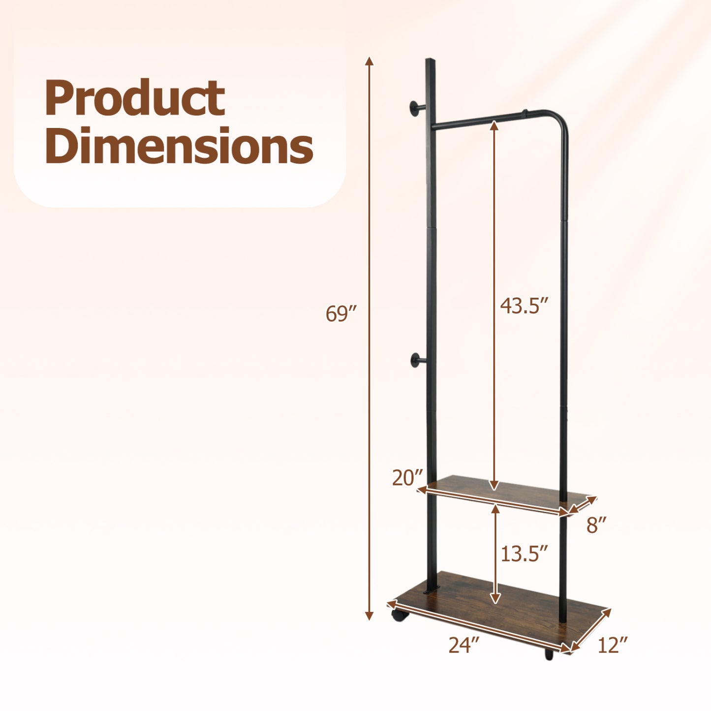 Freestanding Clothing Rack with Wheels and Storage Shelves for Entryway and Bedroom
