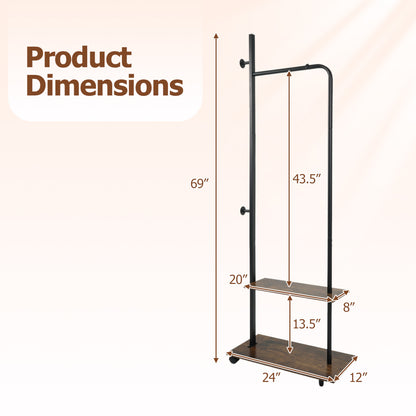 Freestanding Clothing Rack with Wheels and Storage Shelves for Entryway and Bedroom