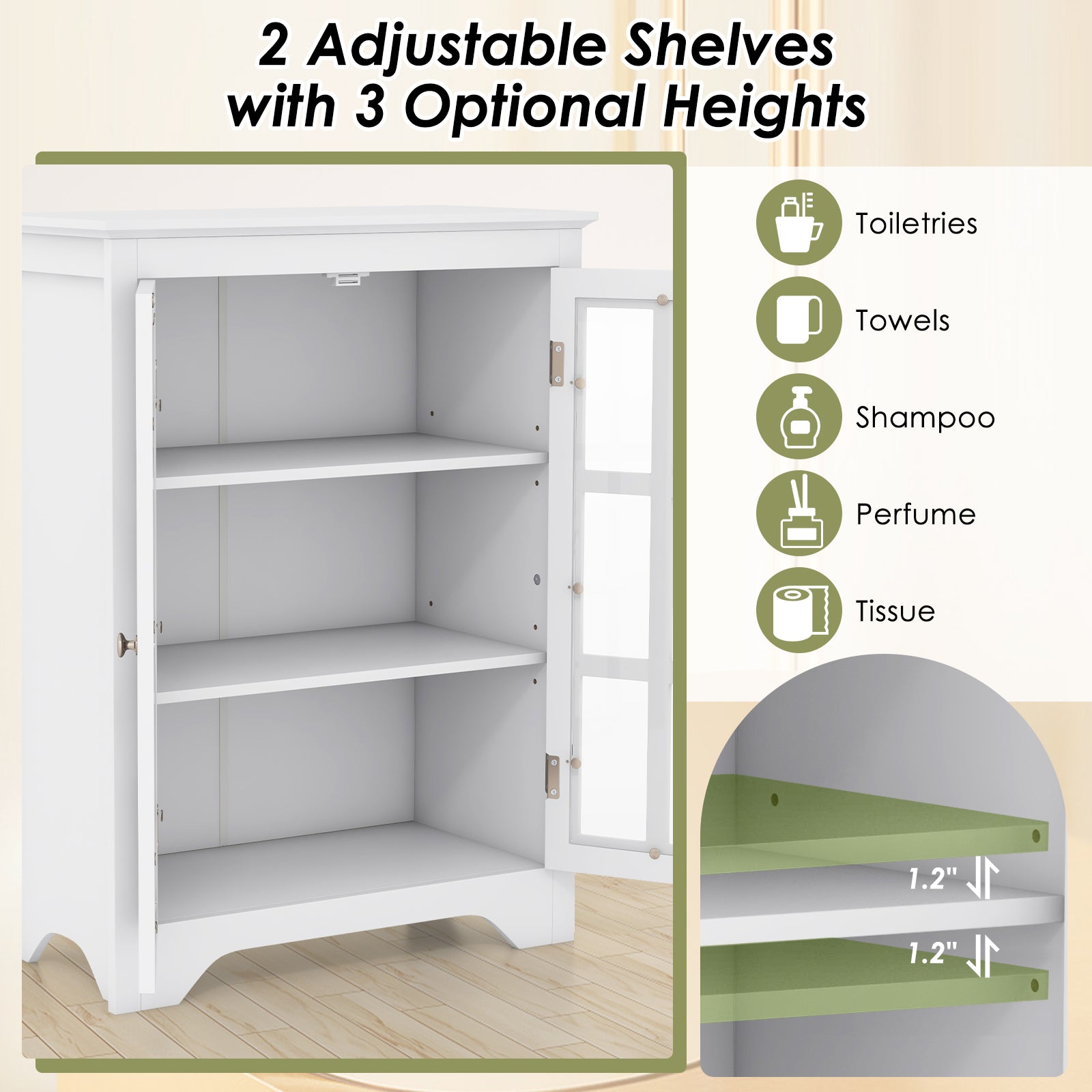 Freestanding Display Storage Cabinet with 2 Glass Doors and Adjustable Shelves-White