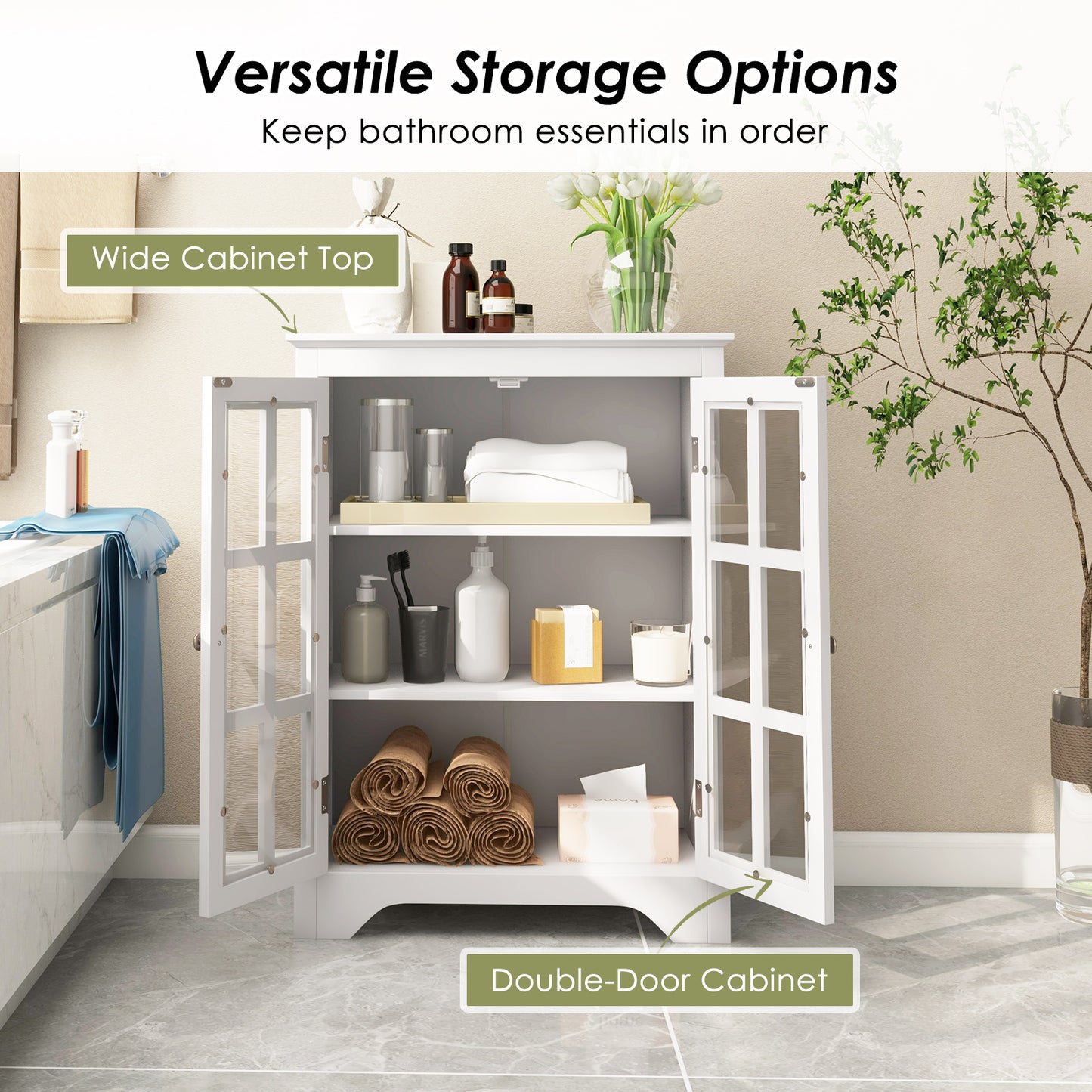 Freestanding Display Storage Cabinet with 2 Glass Doors and Adjustable Shelves-White