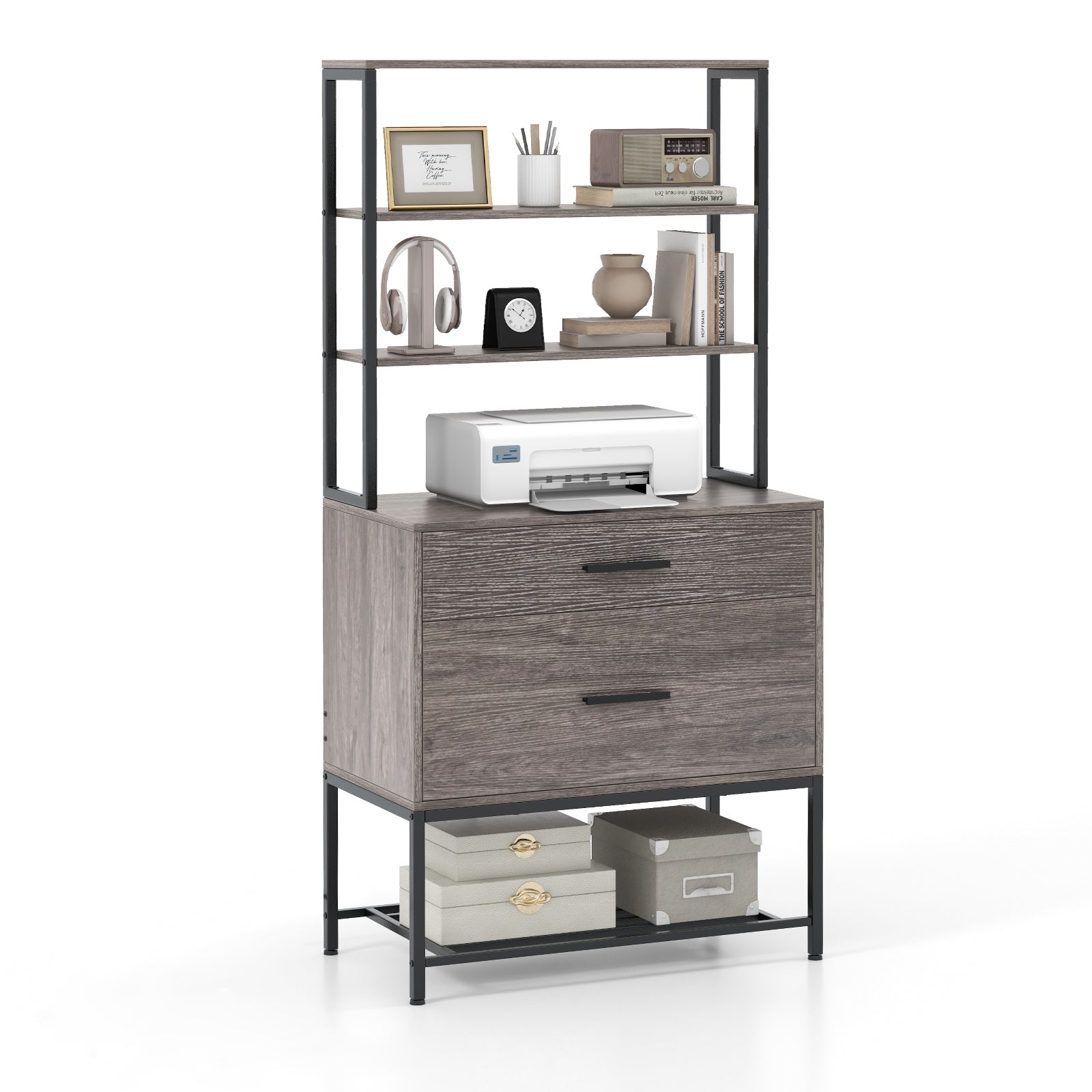 Freestanding File Cabinet with Charging Station and 3-Tier Open Shelves-Rustic Brown - Gray