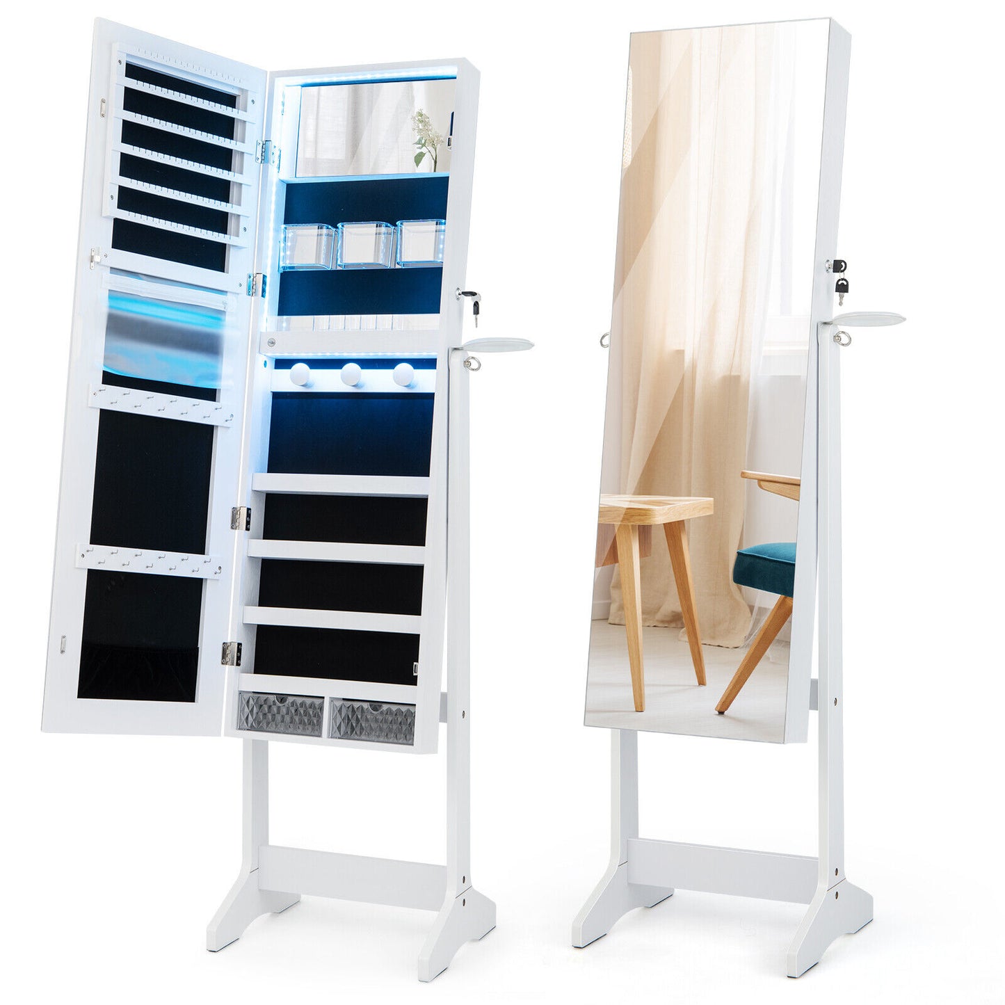 Freestanding Jewelry Cabinet with Full Length HD Mirror-Black - White