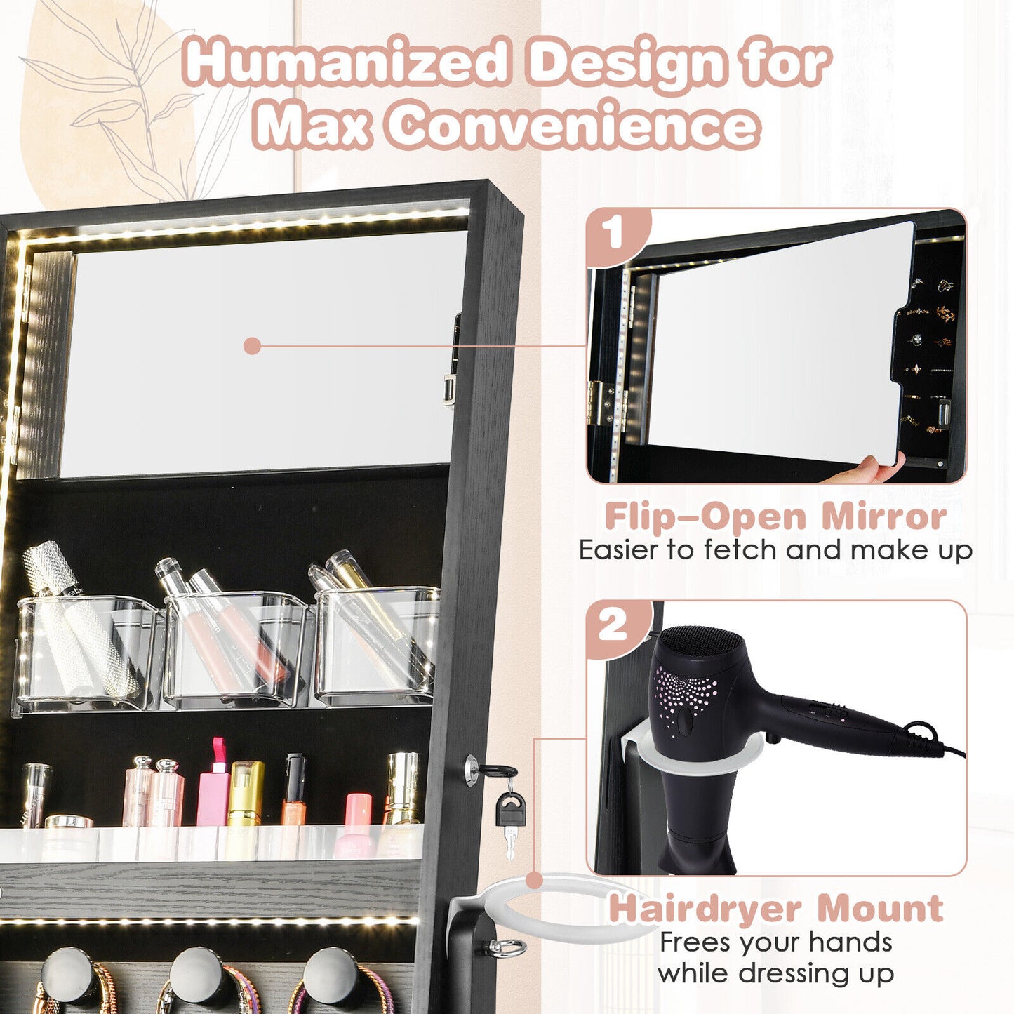 Freestanding Jewelry Cabinet with Full Length HD Mirror