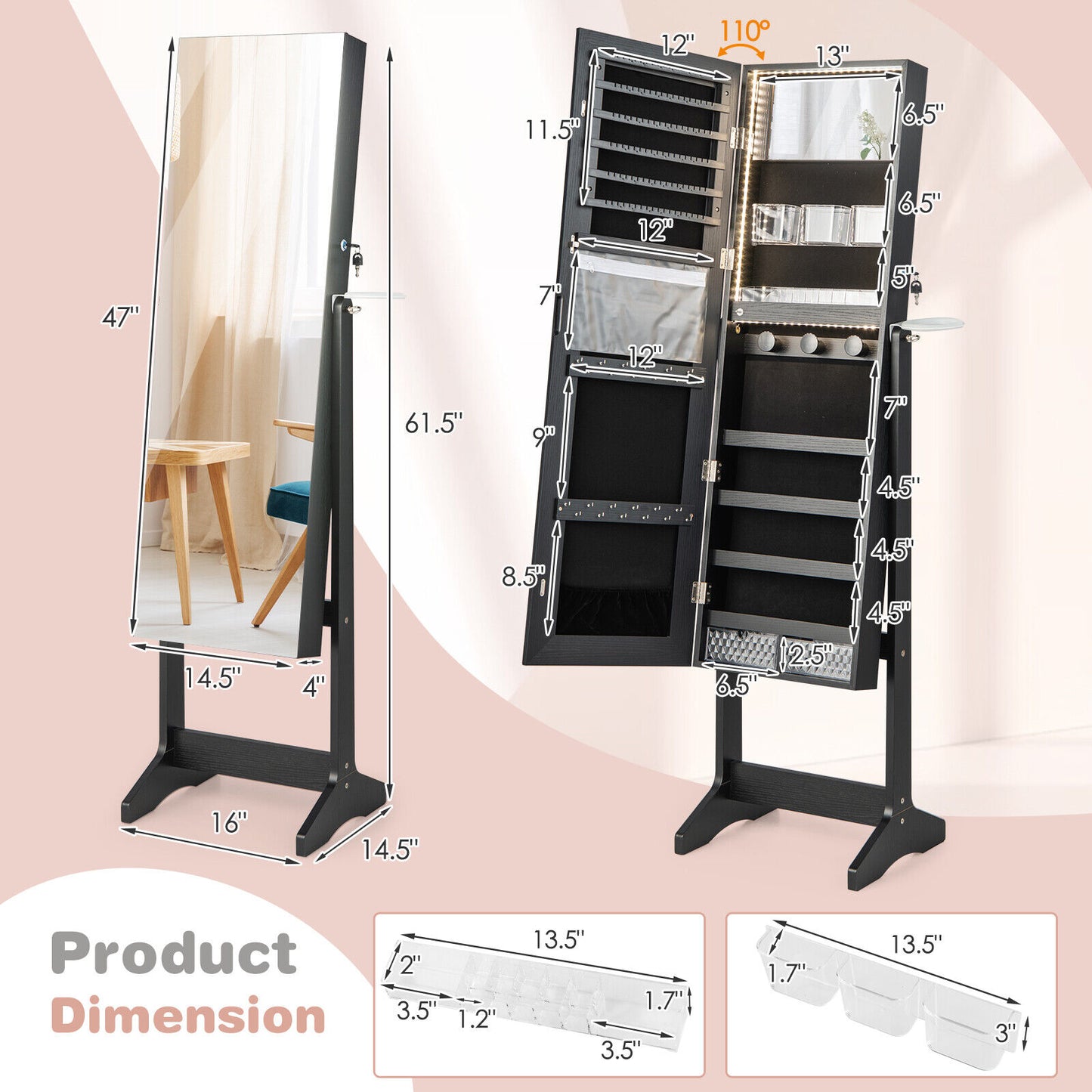Freestanding Jewelry Cabinet with Full Length HD Mirror