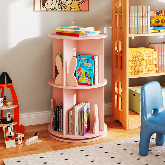 2 Tier Freestanding Kids Rotating Bookshelf Storage Rack with Bunny Baffles