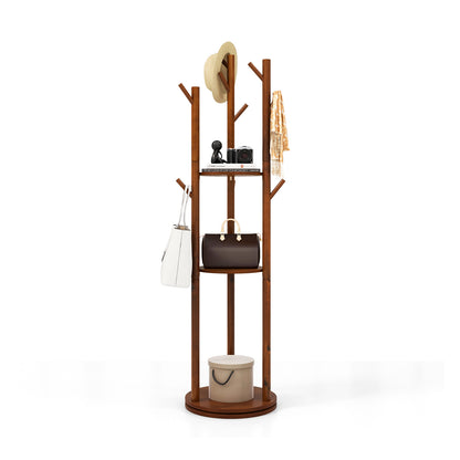 Freestanding Wooden Coat Tree with 3 Display Storage Shelves and 9 Hooks