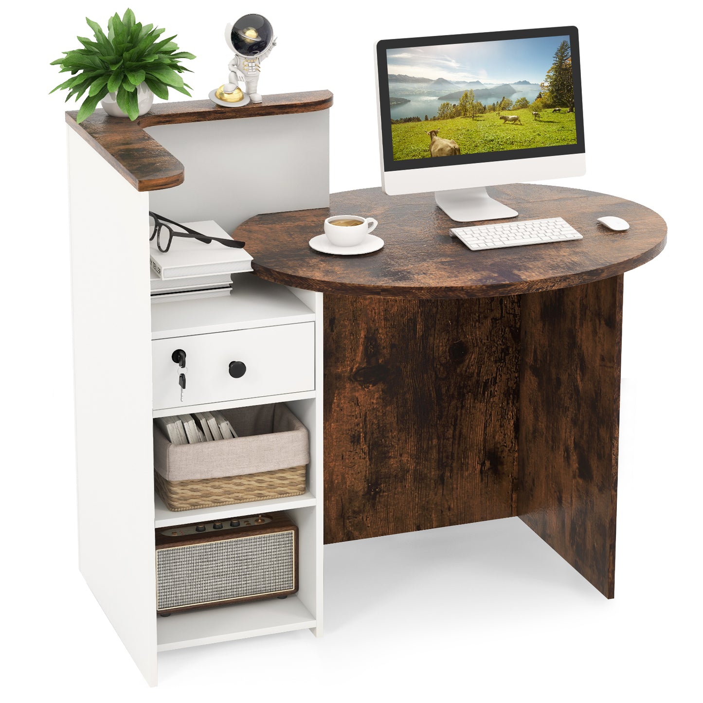 Front Reception Office Desk with Open Shelf and Lockable Drawer-Brown & White - Brown & White
