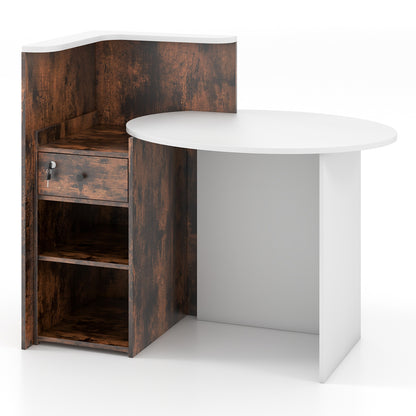 Front Reception Office Desk with Open Shelf and Lockable Drawer-Brown & White - Rustic Brown