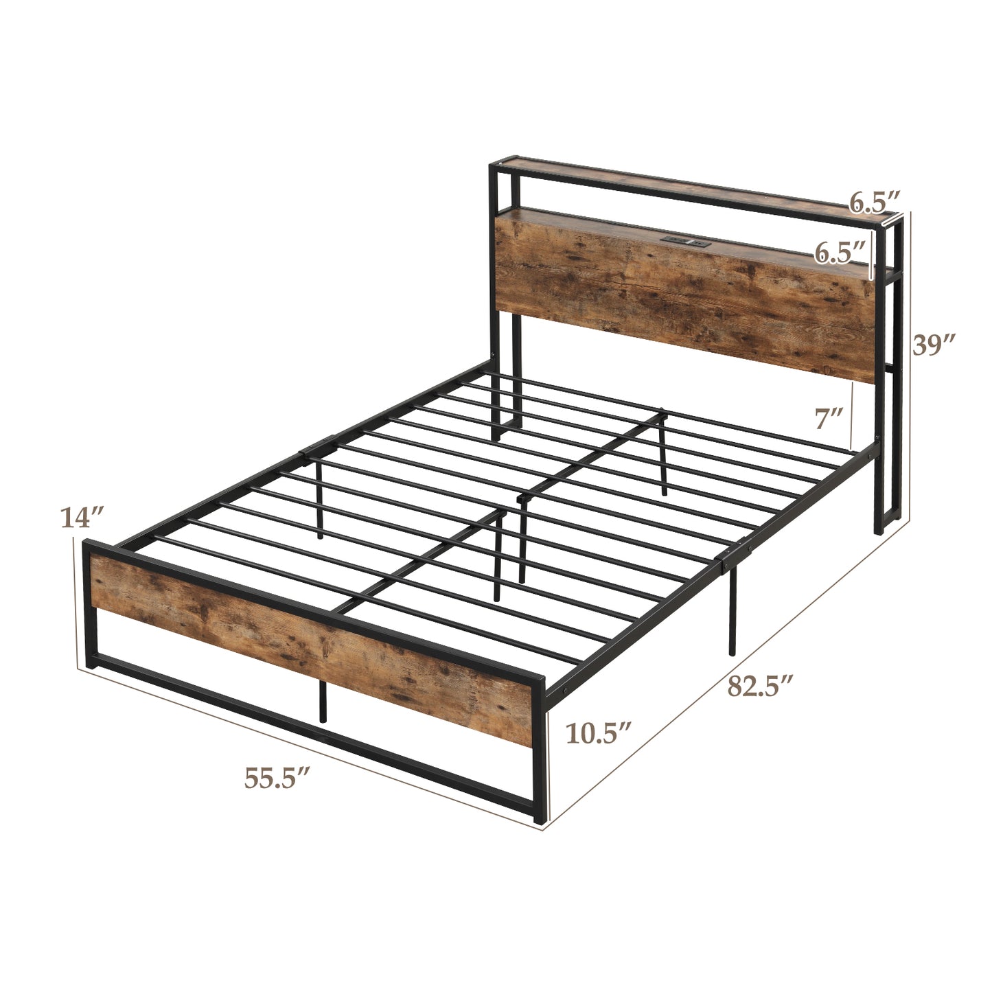 Full/Queen Bed Frame with 2-Tier Storage Headboard and Charging Station