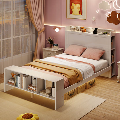 Full Size Bed Frame with 2 USB Ports with Storage Headboard and Lights