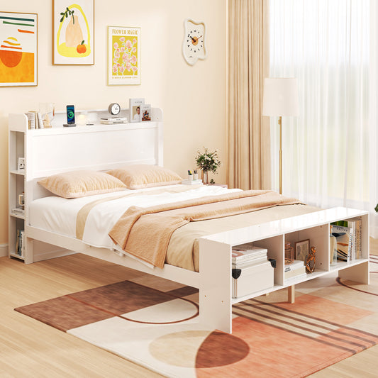 Full Size Bed Frame with 2 USB Ports with Storage Headboard and Lights