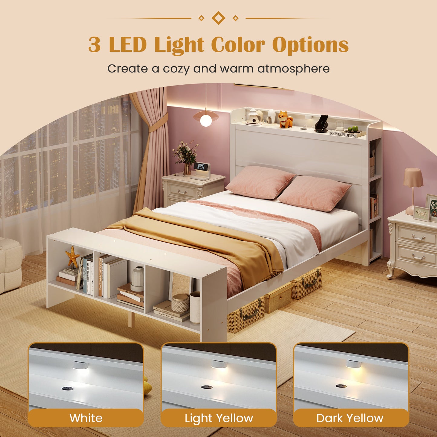 Full Size Bed Frame with 2 USB Ports with Storage Headboard and Lights