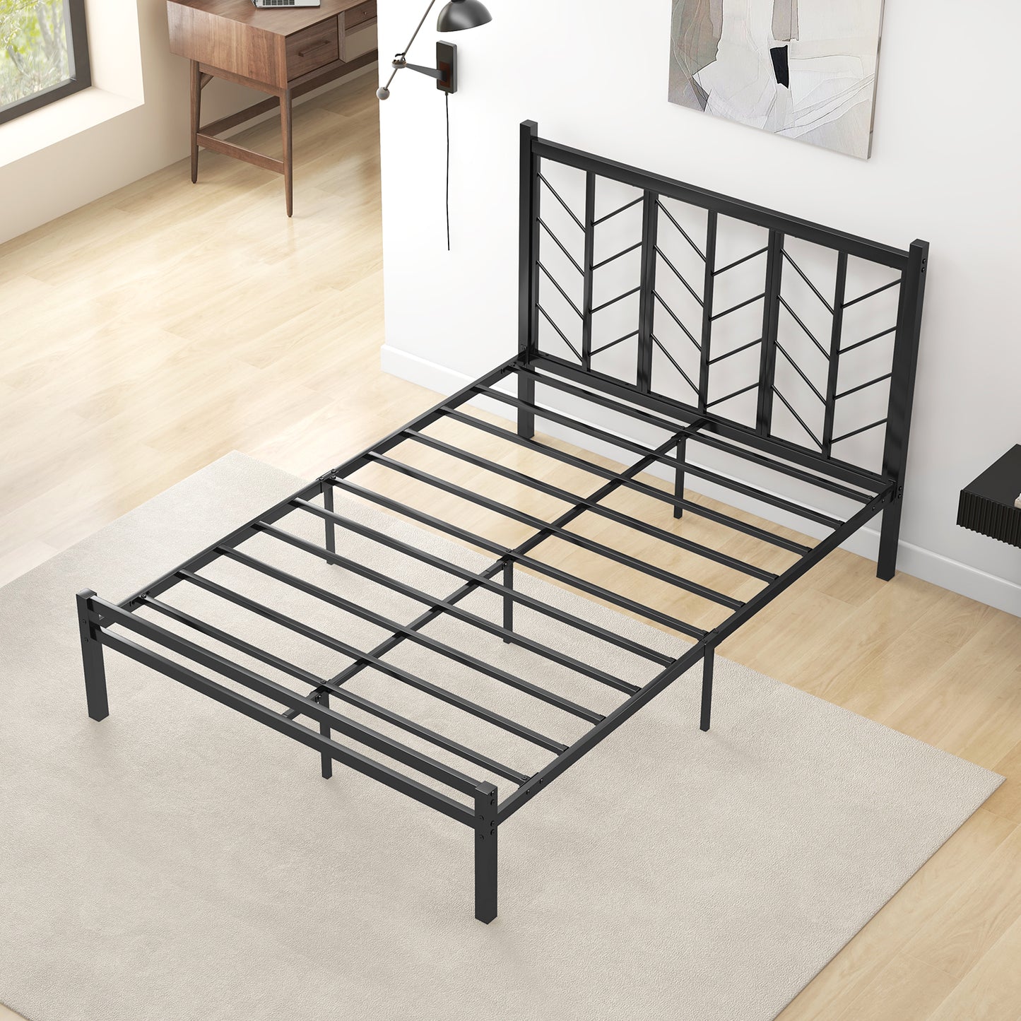 Queen Size Platform Bed with Headboard and Metal Frame