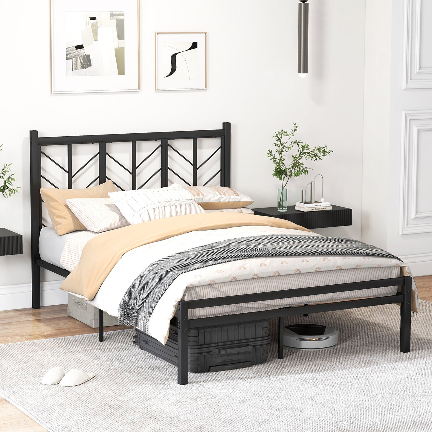 Queen Size Platform Bed with Headboard and Metal Frame