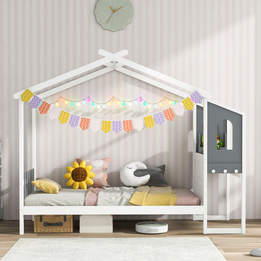 Twin/Full Bed Frame with House Roof Canopy and Fence for Kids