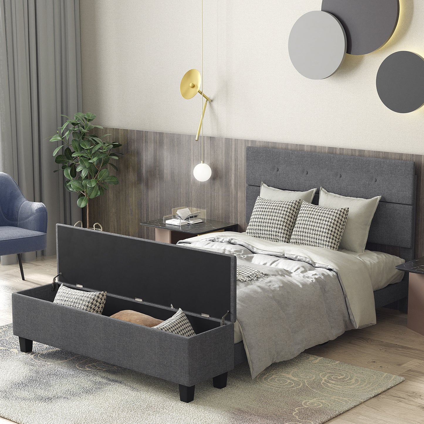 Full/Queen/Twin Upholstered Bed Frame with Ottoman Storage