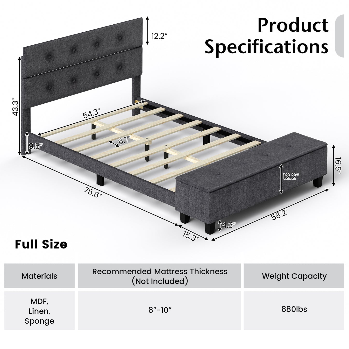 Full/Queen/Twin Upholstered Bed Frame with Ottoman Storage