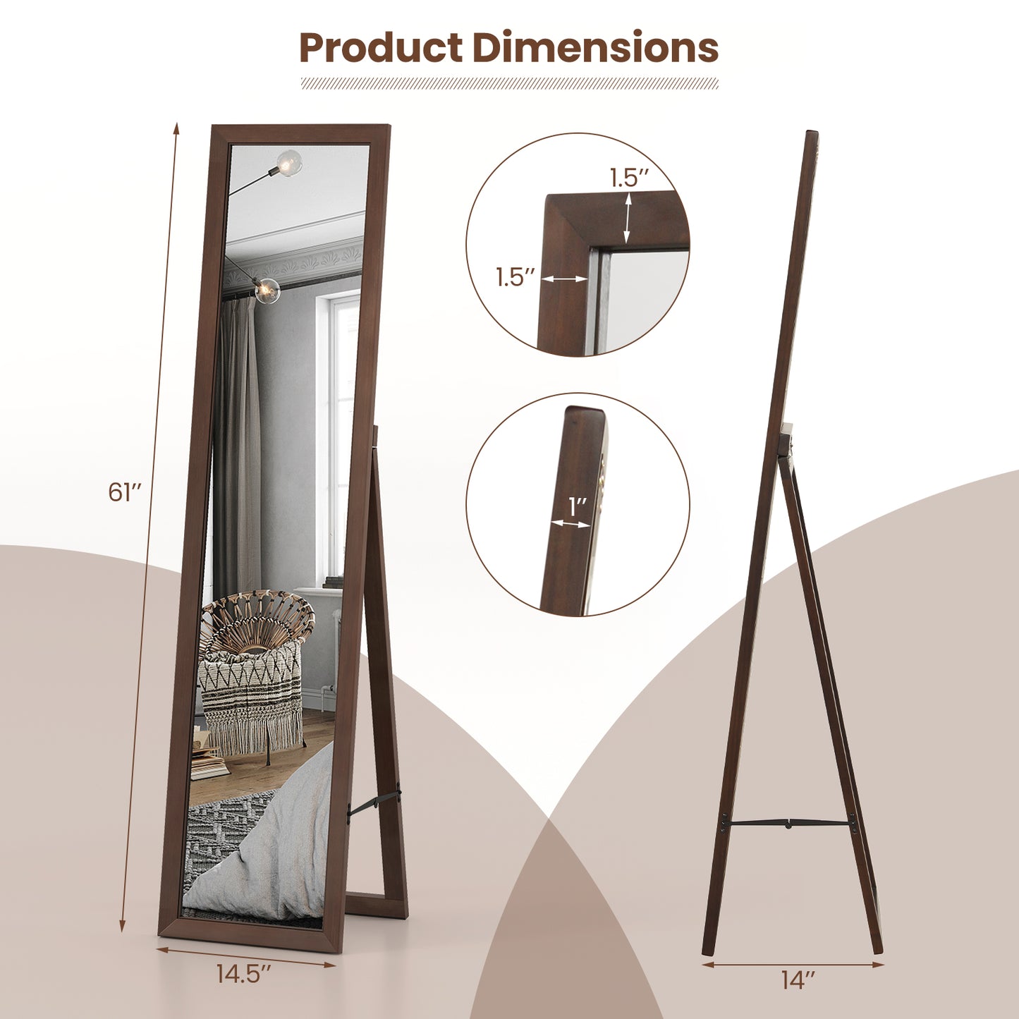 Full Length Mirror with Stand and Solid Wood Frame-14.5 x 14 x 61 inches