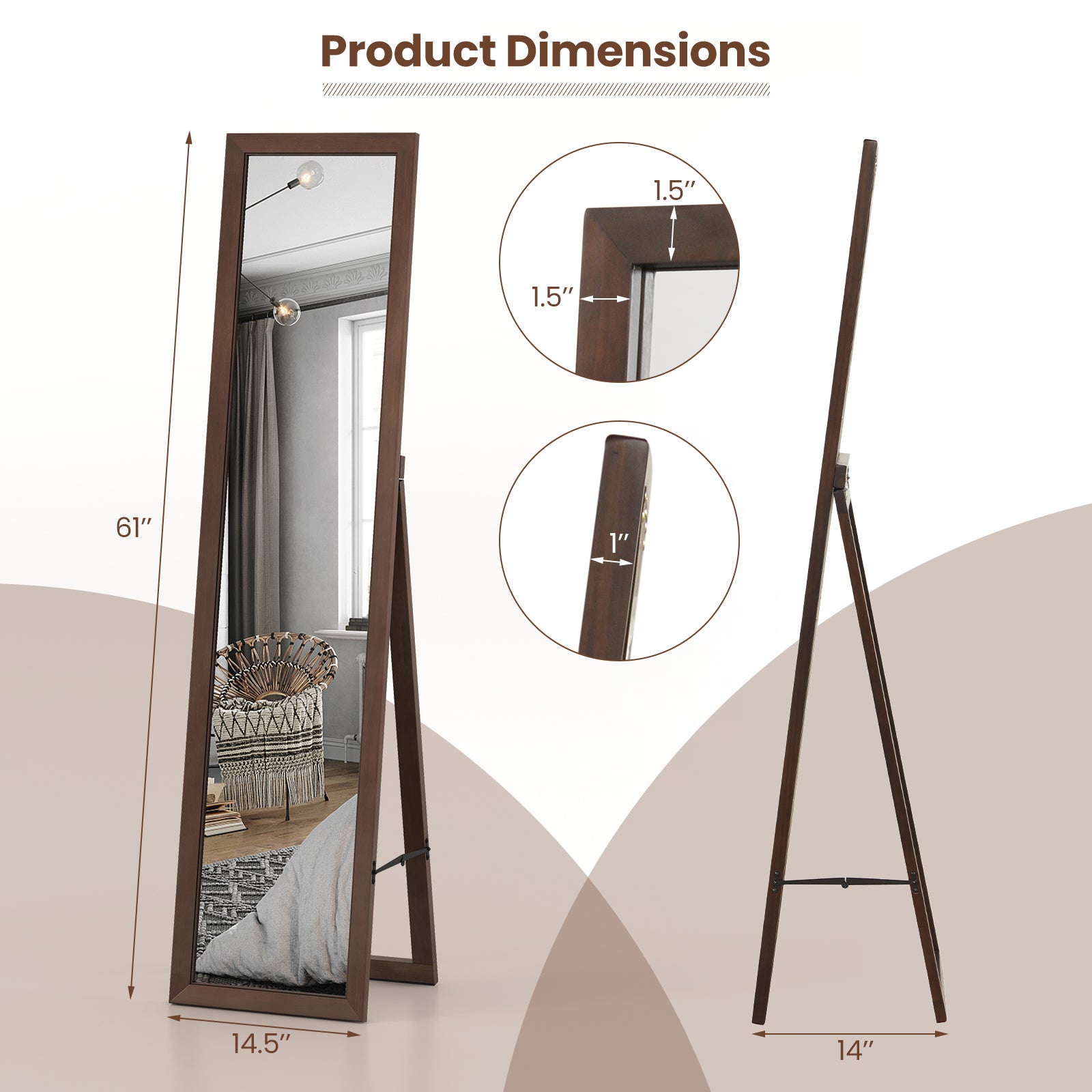 Full Length Mirror with Stand and Solid Wood Frame-14.5 x 14 x 61 inches
