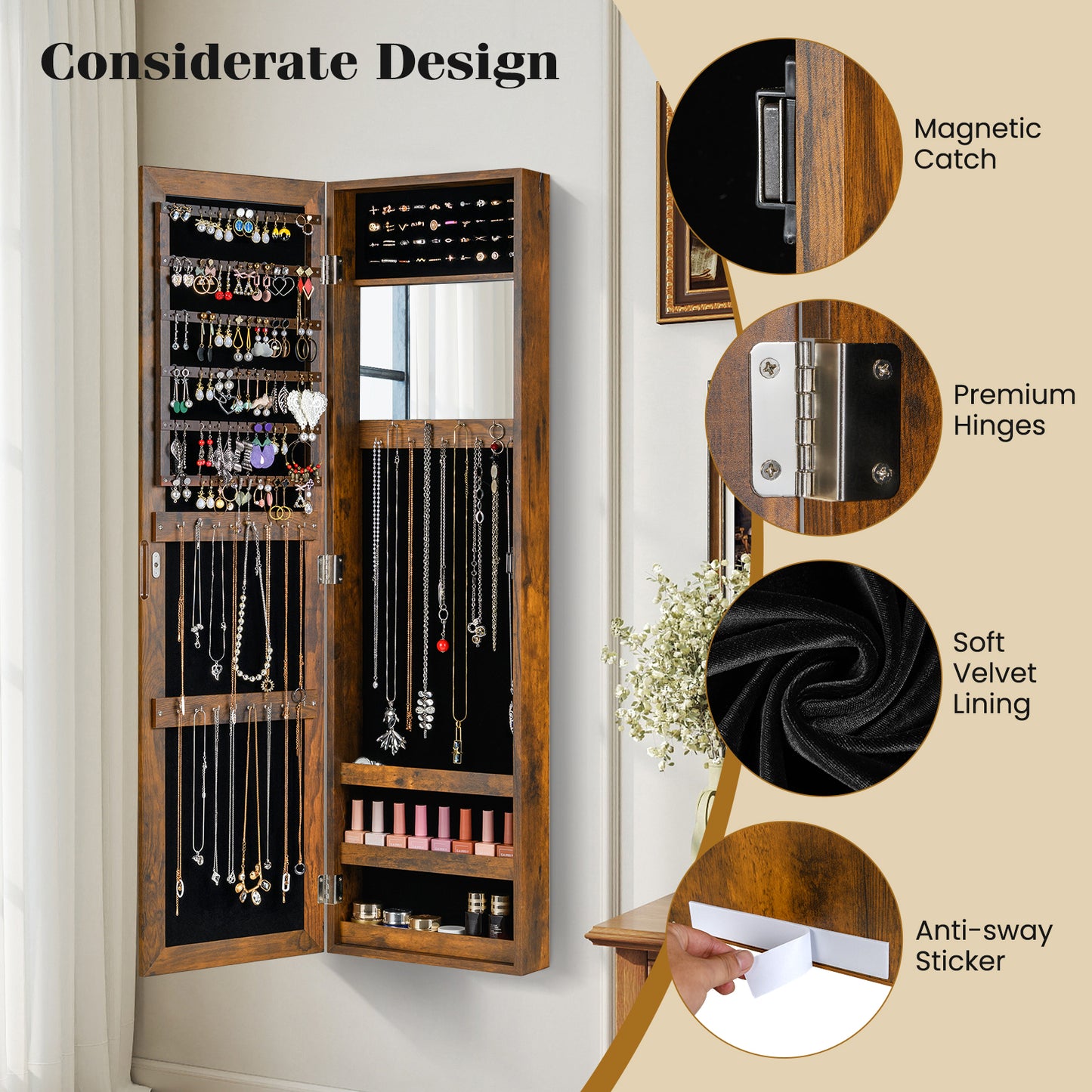 Full Length Mirror Jewelry Cabinet with Ring Slots and Necklace Hooks-Rustic Brown