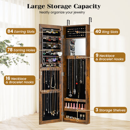 Full Length Mirror Jewelry Cabinet with Ring Slots and Necklace Hooks-Rustic Brown