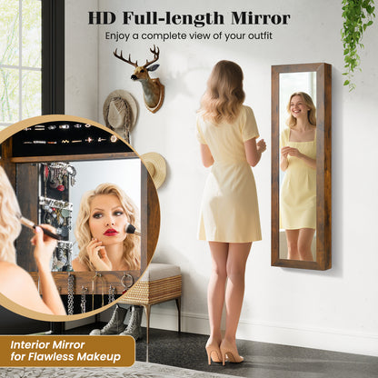 Full Length Mirror Jewelry Cabinet with Ring Slots and Necklace Hooks-Rustic Brown