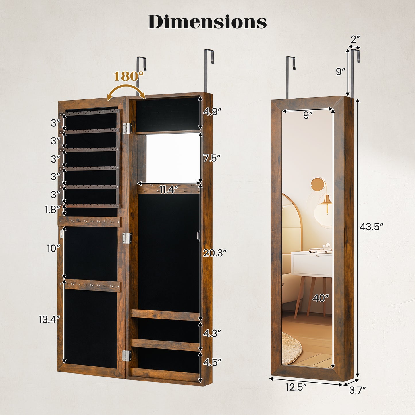 Full Length Mirror Jewelry Cabinet with Ring Slots and Necklace Hooks-Rustic Brown