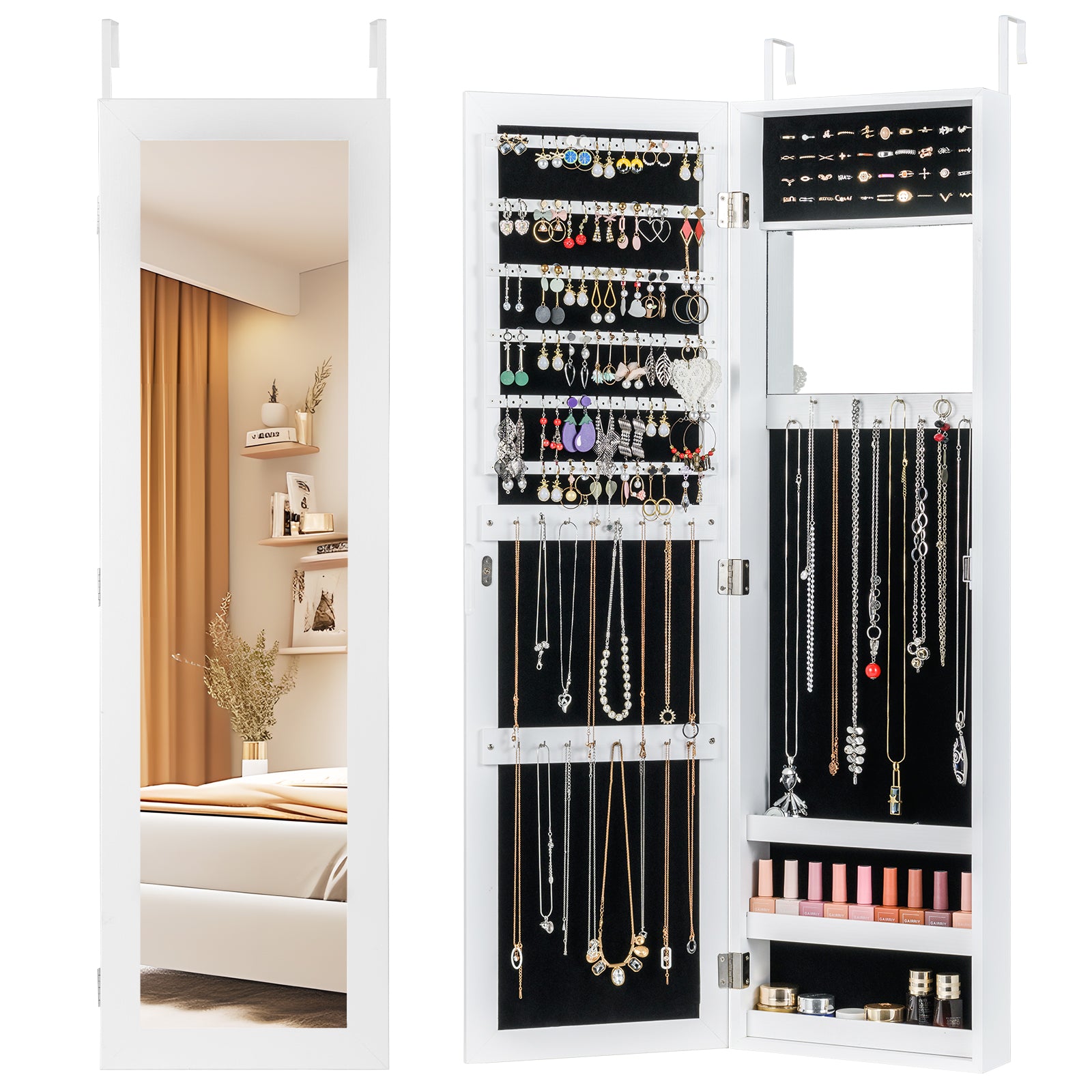 Full Length Mirror Jewelry Cabinet with Ring Slots and Necklace Hooks-Dark Brown - White