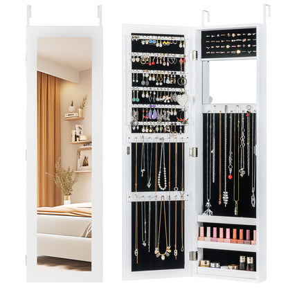 Full Length Mirror Jewelry Cabinet with Ring Slots and Necklace Hooks-Dark Brown - White