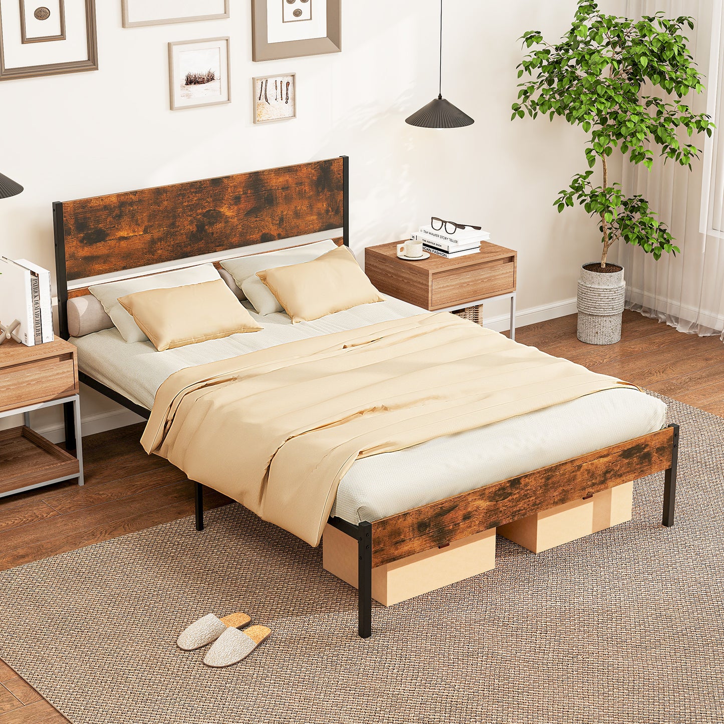 Twin/Full/Queen/King Metal Bed Frame with Wooden Headboard and Footboard-Full Size