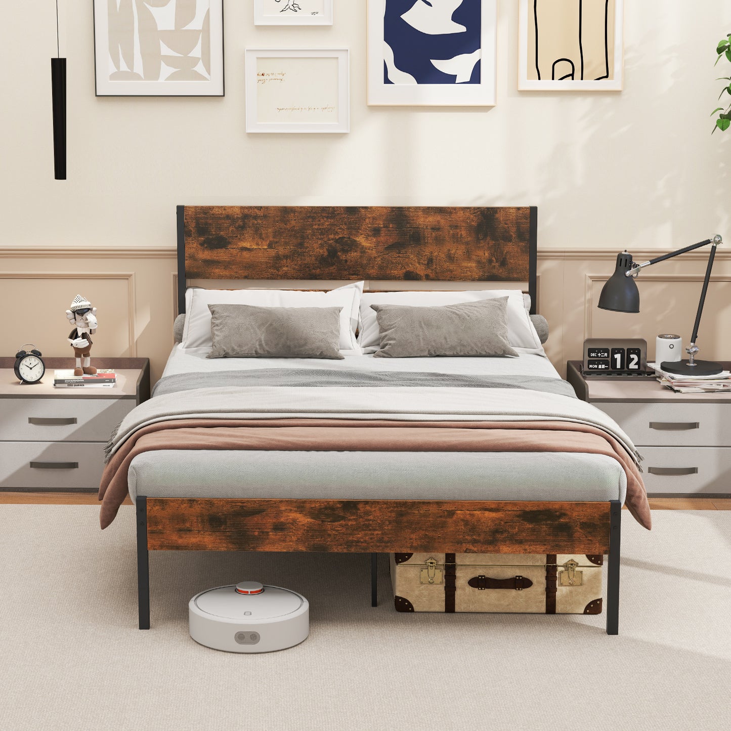 Twin/Full/Queen/King Metal Bed Frame with Wooden Headboard and Footboard-Full Size